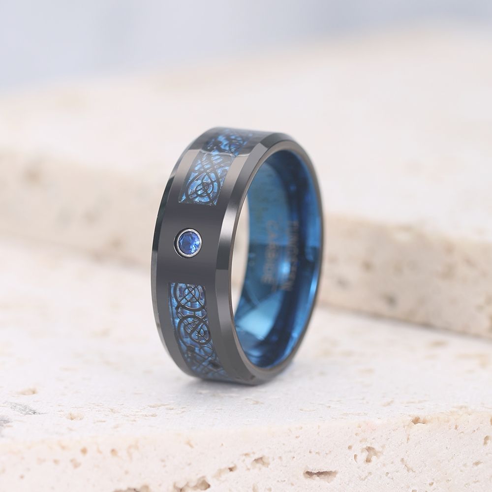 Mens Black Celtic Dragon Tungsten Carbide Wedding Ring With Blue Carbon Fiber Inlay 8mm 0089